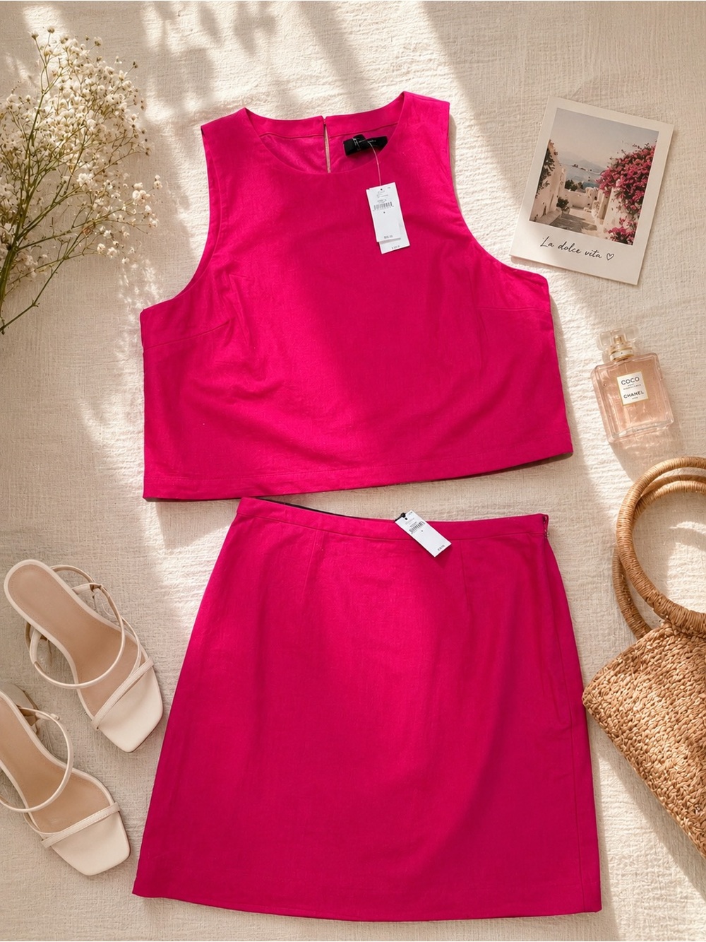 Banana Republic Linen Blend Two-Piece Set | NWT | Hot Pink | Top M + Skirt 4